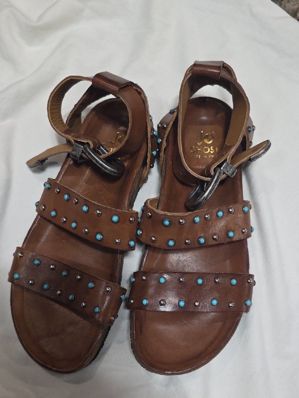JO Ghost Brown Studded Leather Sandals with Turquoise Accents